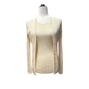 Brooks Brothers Silk Cashmere Twinset Cardigan Sweater Set Ivory Cable Knit S